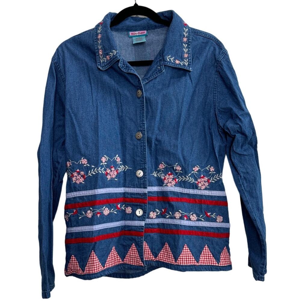 Women's Blue Denim Button-Up Shirt Jacket Embroidered Country Large